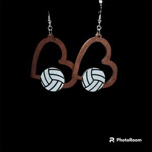 Wooden Heart Shaped Volleyball Earrings